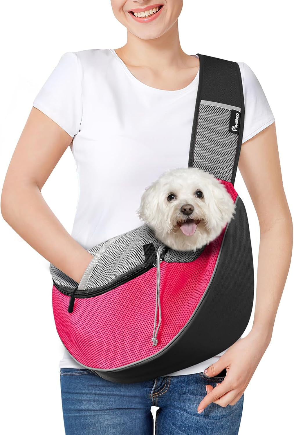 💗 Dog Sling Carrier with Zipper Touch Pocket – Hands-Free Crossbody Puppy Satchel | Breathable Mesh Pet Bag, Adjustable Strap, Pink (L)
