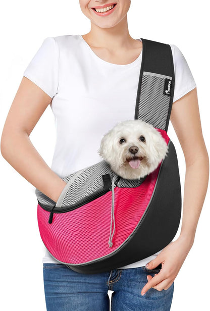 💗 Dog Sling Carrier with Zipper Touch Pocket – Hands-Free Crossbody Puppy Satchel | Breathable Mesh Pet Bag, Adjustable Strap, Pink (L)