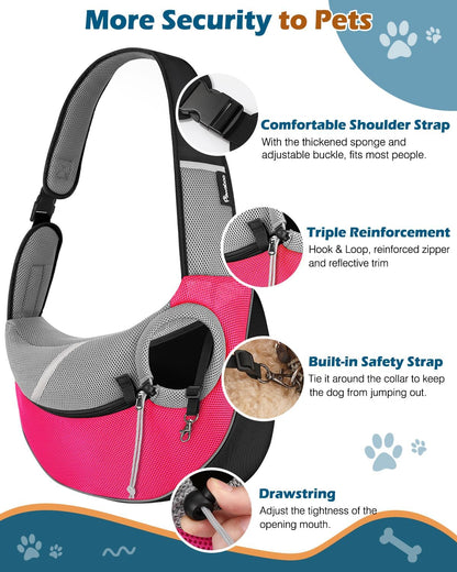 💗 Dog Sling Carrier with Zipper Touch Pocket – Hands-Free Crossbody Puppy Satchel | Breathable Mesh Pet Bag, Adjustable Strap, Pink (L)