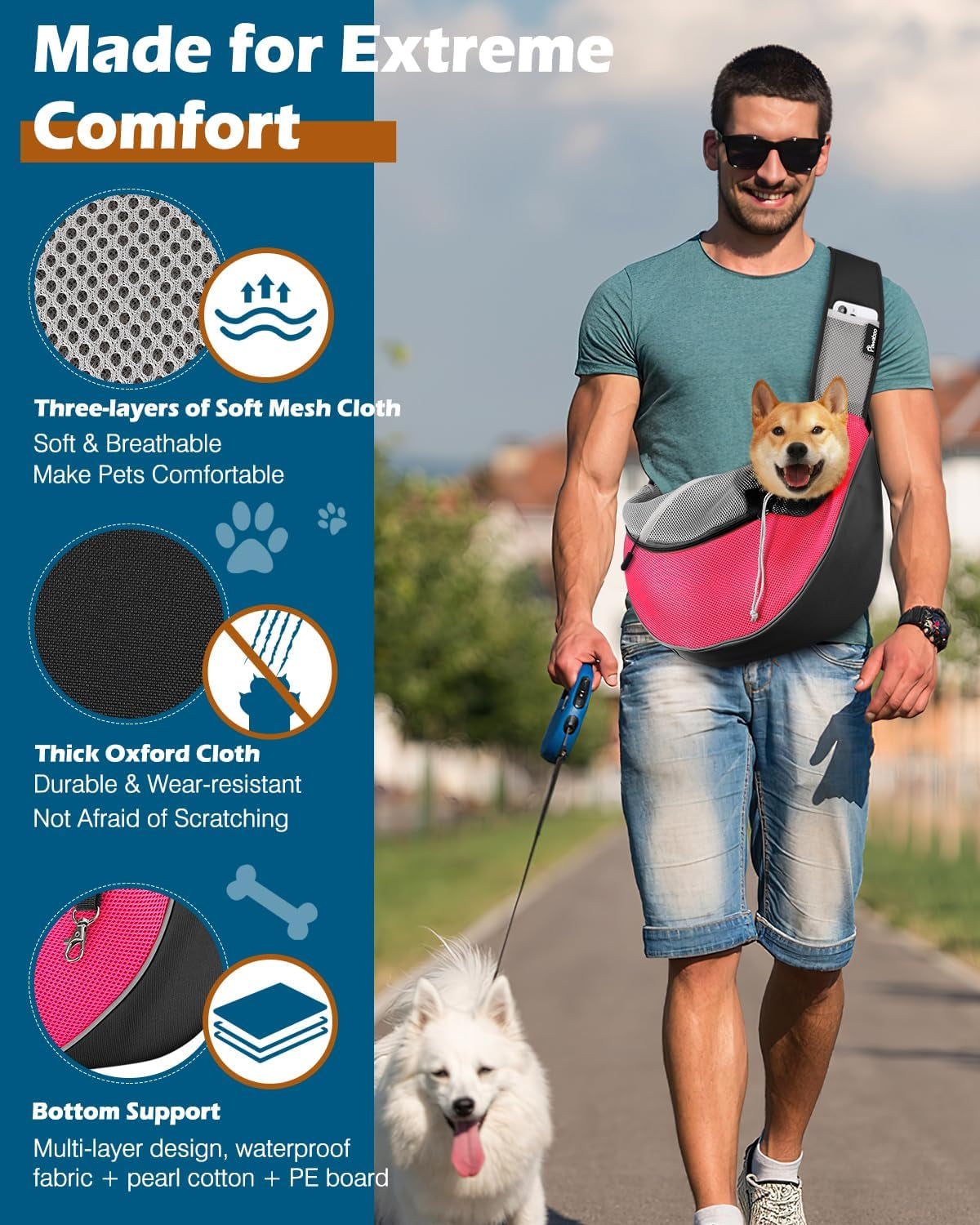 💗 Dog Sling Carrier with Zipper Touch Pocket – Hands-Free Crossbody Puppy Satchel | Breathable Mesh Pet Bag, Adjustable Strap, Pink (L)