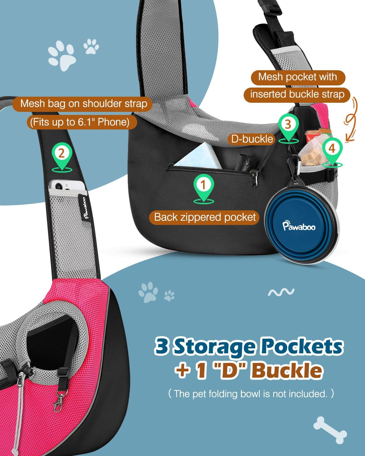 💗 Dog Sling Carrier with Zipper Touch Pocket – Hands-Free Crossbody Puppy Satchel | Breathable Mesh Pet Bag, Adjustable Strap, Pink (L)